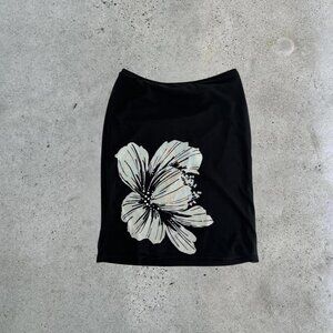 Vintage black hibiscus print midi skirt